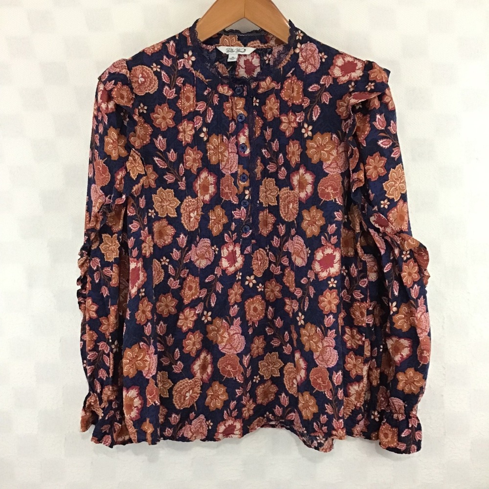 The Pioneer Woman Navy Floral‎ Ruffle Sleeve Pintuck Blouse XL